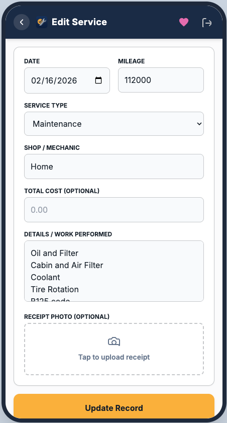 Service Log Screenshot